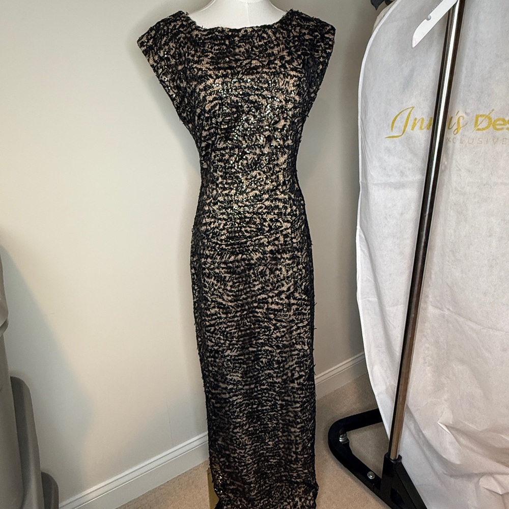 Custom made Black Sequin Lace Gown with Nude lining